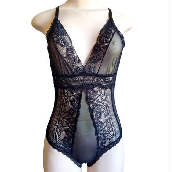 Black Sheer Lace Bodysuit Lingerie, Size Medium - Picture 1 of 5